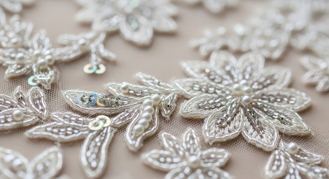 Intricate white embroidered floral lace patterns with sparkling rhinestones on beige fabric.