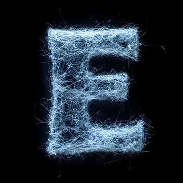 Top view of a 3D letter E made of cobwebs isolated on a white transparent background