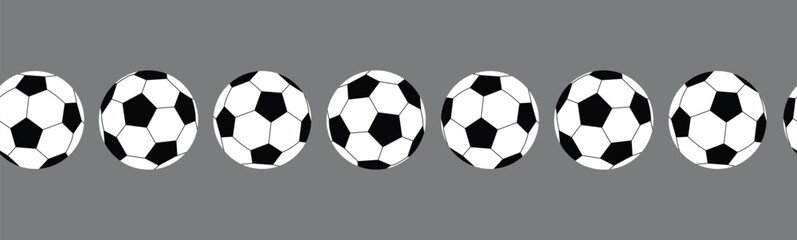 Seamless border with classic black and white soccer balls in a row on grey background. Minimalist geometric pattern divider for sports webpage layouts, print margins, and football event decorations © Helen