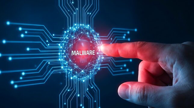Hand activating a glowing red malware symbol on a digital circuit background with cyber security circuit board online security