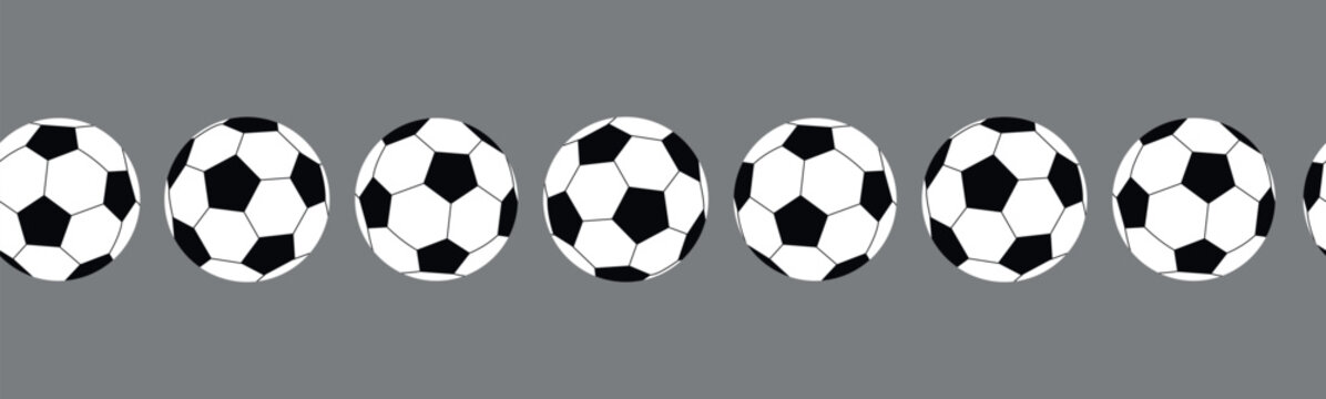 Seamless border with classic black and white soccer balls in a row on grey background. Minimalist geometric pattern divider for sports webpage layouts, print margins, and football event decorations