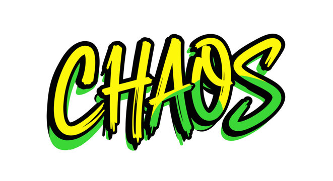 Chaos word art, vibrant graffiti style, yellow and green