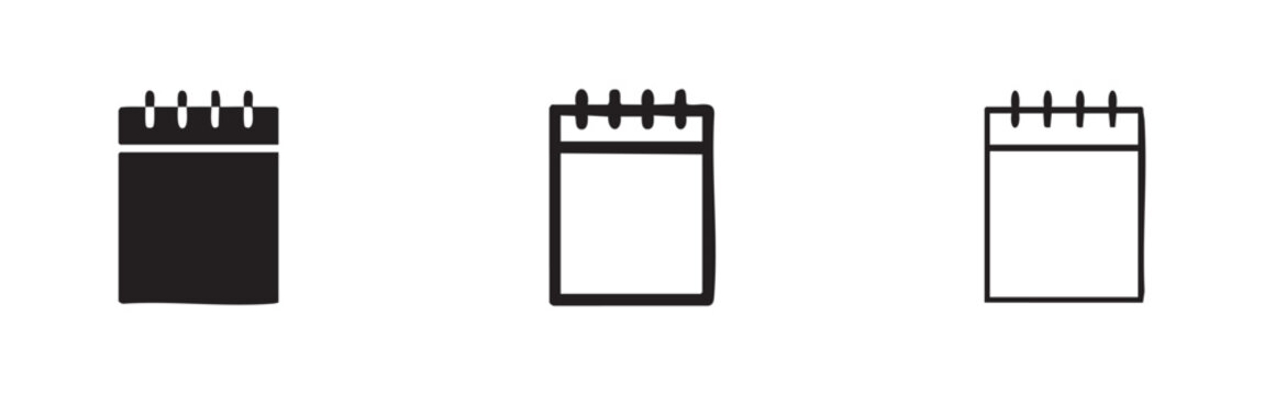 Spiral notebook icon set. Notepad symbol for writing, journaling, and taking notes.
