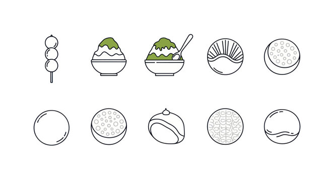 Japanese Desserts and Sweets Icon Set - Dango, Kakigori, Mochi, Wagashi