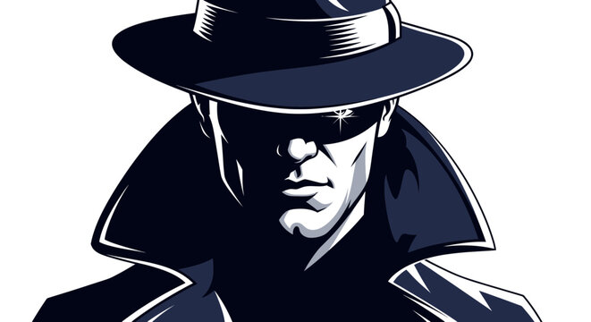 Mysterious Detective in Fedora Hat and Trench Coat, Shadowed Face