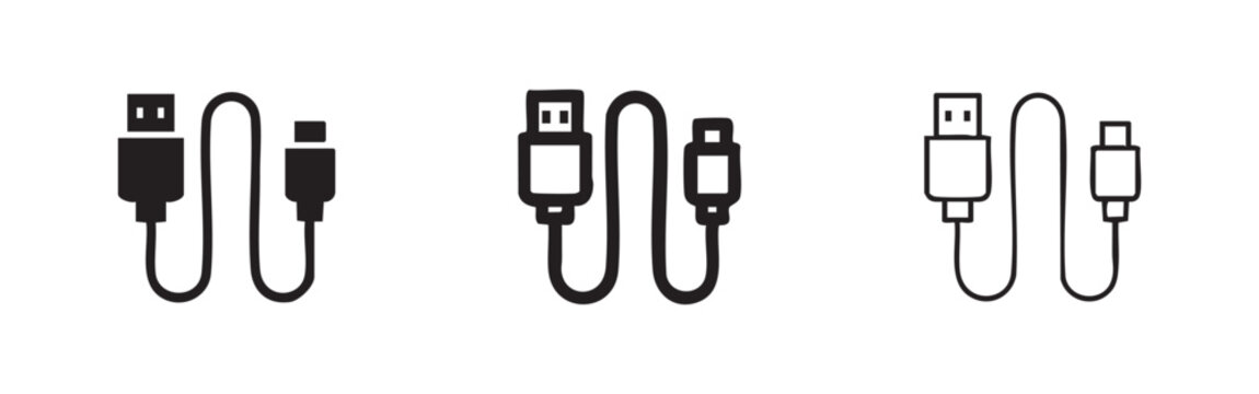 USB-A to USB-C cable icon set, data transfer and charging vector illustrations