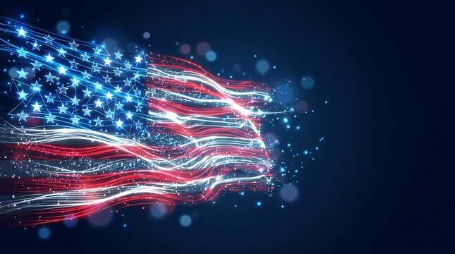 Abstract american flag created with glowing particles and sparkling light streaks on dark background american abstract memorial