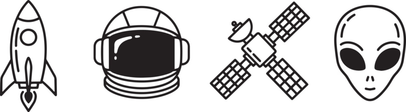Space icons, astronaut helmet, rocket ship, alien head, satellite vector graphics