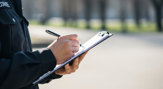 A focused security officer, dressed in a black uniform, takes notes on a clipboard while surveying the area.
