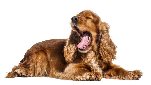 Brown cocker spaniel dog yawning widely, isolated on transparent background