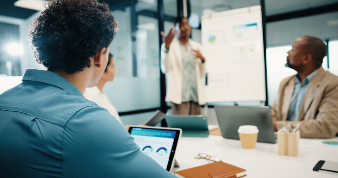 Finance, presentation and tablet screen with business man in boardroom for review of statistics. App, whiteboard and workshop with employee people in financial workplace for upskill development
