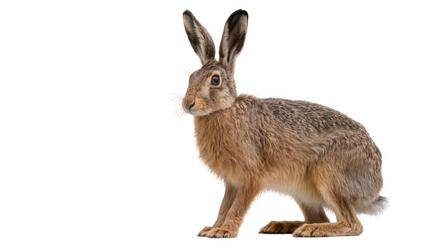 Brown hare with long ears fur texture and alert eyes, isolated on transparent background