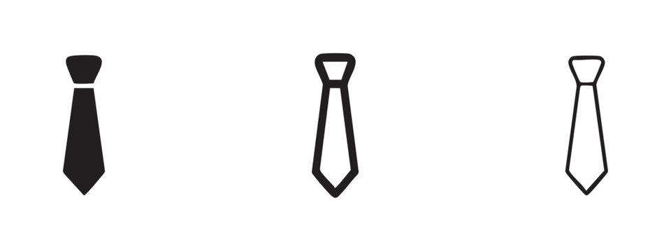 Classic necktie icon set in solid, outline, and line art styles, representing formal wear and business.