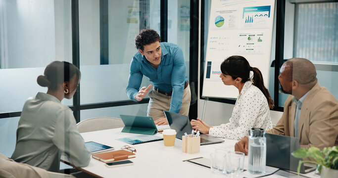 Meeting, tablet and people with presentation for data analytics, proposal or explain strategy. Leadership, presenter or analyst with team discussion for insights, stats or review of digital growth