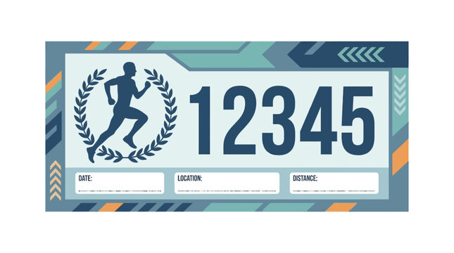 Dynamic running event race bib illustration featuring a stylized runner and abstract patterns for athletic competition