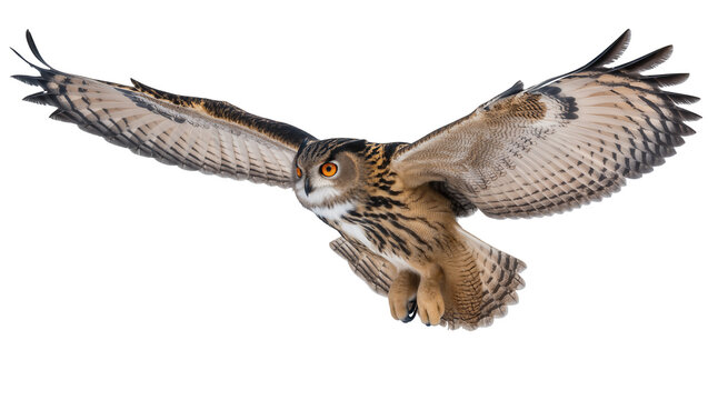 Eurasian eagle-owl with wings spread wide, isolated on transparent background