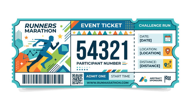 Vibrant marathon event ticket illustration for running challenges and race participation
