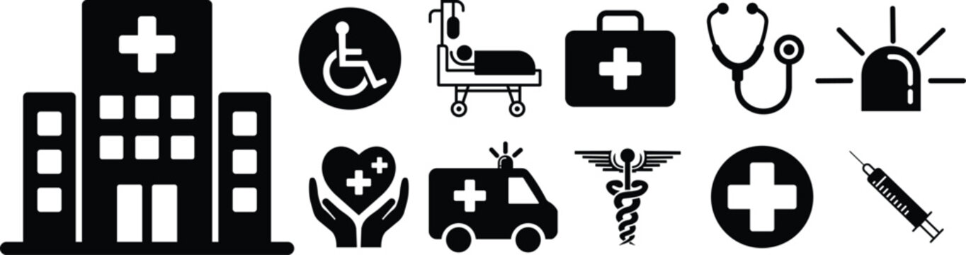 Hospital icon set collection group, medical healthcare clinic emergency silhouette outline vector pack, ambulance doctor medicine symbols, flat and line style black icons isolated on transparent backg