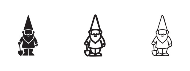 Fototapeta premium Garden gnome with a shovel icon set. Fantasy creature, dwarf or gardening mascot symbol.