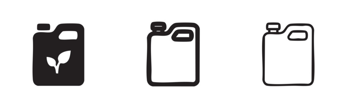 Bio fuel jerry can icon set. Sustainable agriculture fertilizer or pesticide container symbol.