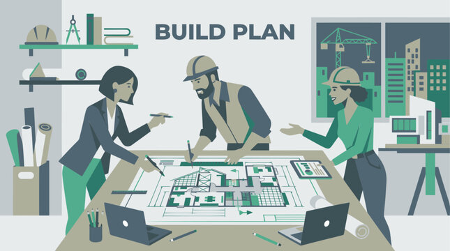 Architects and construction workers collaborating on a build plan.