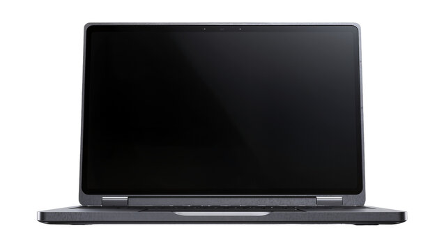 Dark grey modern laptop computer open and displaying a black screen, isolated on transparent background