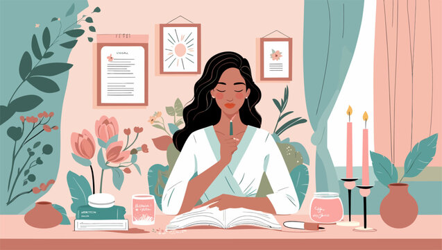 A cozy illustration of a young woman with wavy brown hair reading a book, holding a cup of tea, surrounded by lit candles and botanical elements.