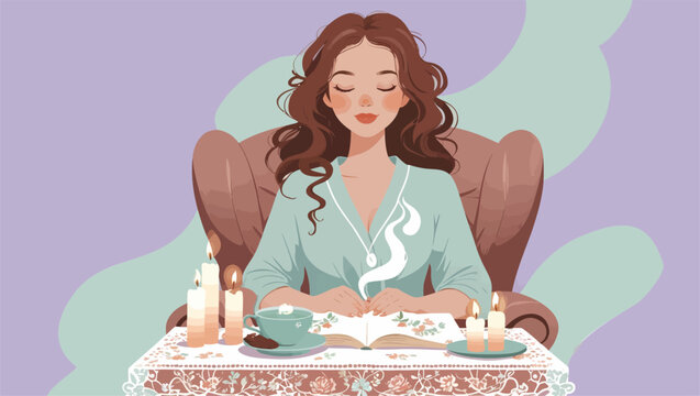 A peaceful illustration of a young woman with wavy hair writing in a notebook, accompanied by a steaming cup of coffee and lit candles in a cozy setting.