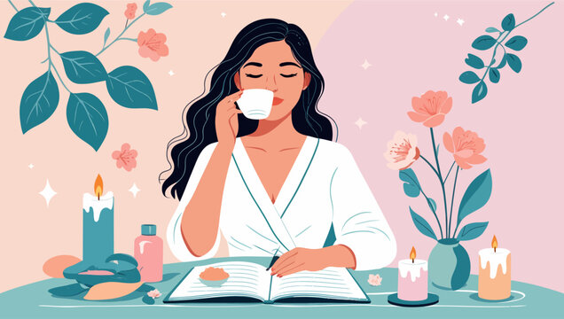 An illustration of a woman with wavy brown hair sitting in a comfortable purple armchair, reading a botanical book on a table with candles and tea.