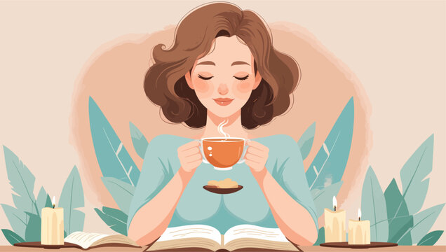 A cozy illustration of a woman with curly brown hair reading a book and holding a steaming cup of tea, surrounded by candles in a peaceful setting.