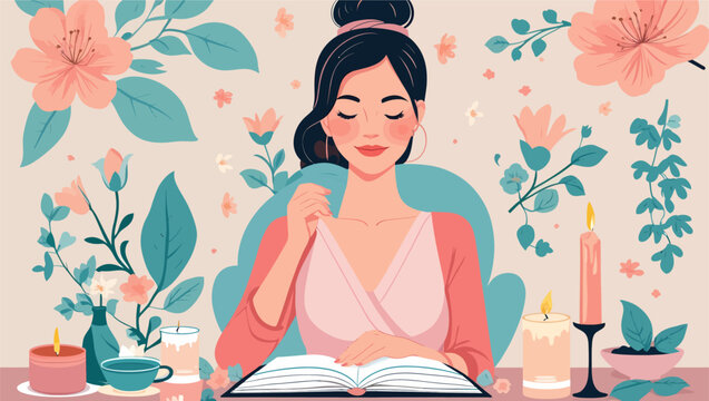 A peaceful illustration of a woman relaxing with a hot drink and a book, surrounded by candles and soft botanical elements in a cozy atmosphere.