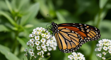 Obraz premium A vibrant Monarch butterfly perched on a delicate white flower, surrounded by lush green foliage.