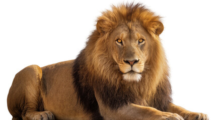 Majestic male lion with full mane resting peacefully, isolated on transparent background © Mira