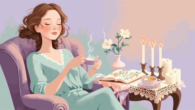 A peaceful illustration of a woman with closed eyes, relaxing with a steaming cup of tea, surrounded by candles and books in a cozy atmosphere.