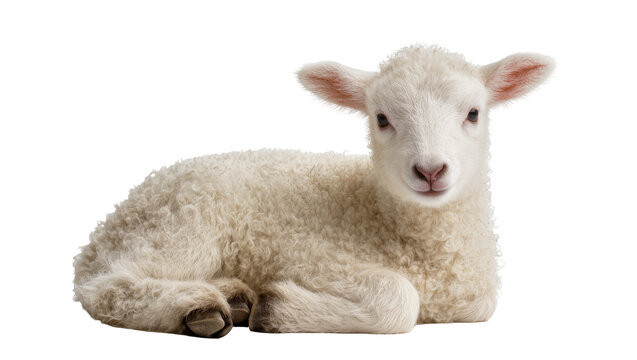 Fluffy white lamb resting peacefully, isolated on transparent background