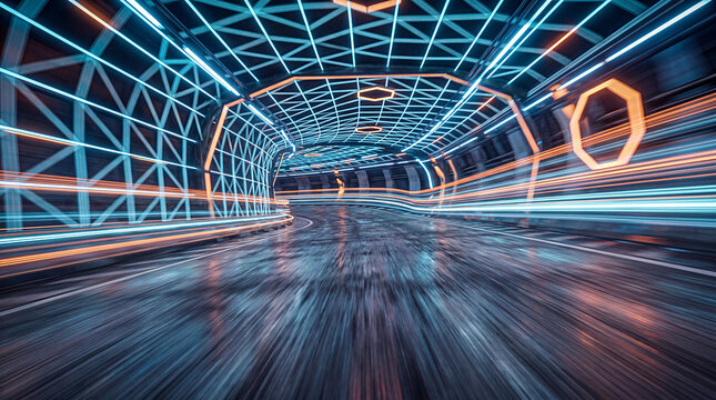 futuristic cyberpunk neon tunnel with glowing light explosion and flying crystal glass shards. Digital technology background for big data, automotive advertising with copy space.