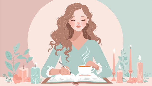 A flat vector illustration of a woman with long dark hair relaxing with a warm cup of tea and a book, surrounded by candles and floral elements.