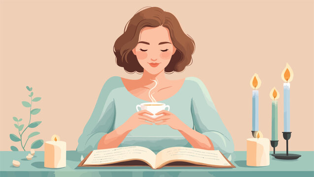 A peaceful illustration of a woman with closed eyes holding a steaming cup of tea, sitting at a table with an open book and lit candles.