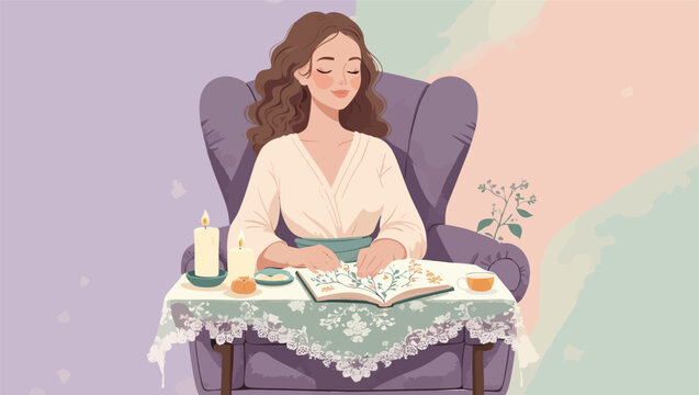 A peaceful illustration of a woman with her eyes closed, reading a book surrounded by flowers, candles, and a cup of tea in a serene atmosphere.