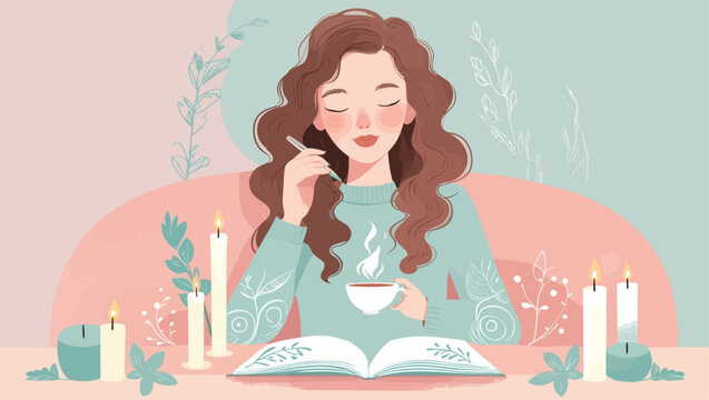 Illustration of a young woman with wavy hair writing in a notebook while holding a steaming cup of tea, surrounded by candles and decorative plants.