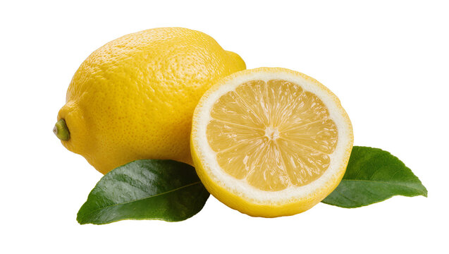 Whole and halved yellow lemons with green leaves, isolated on transparent background