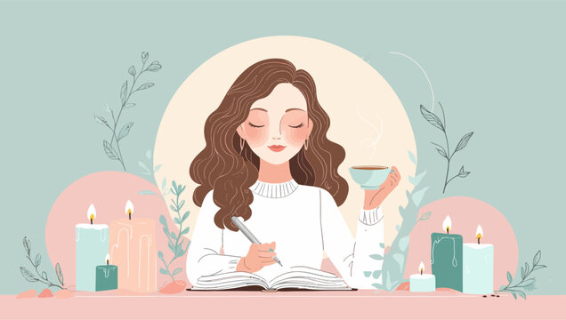 A flat vector illustration of a woman in a white bathrobe relaxing at a desk, writing in a notebook, drinking tea, surrounded by plants and candles.