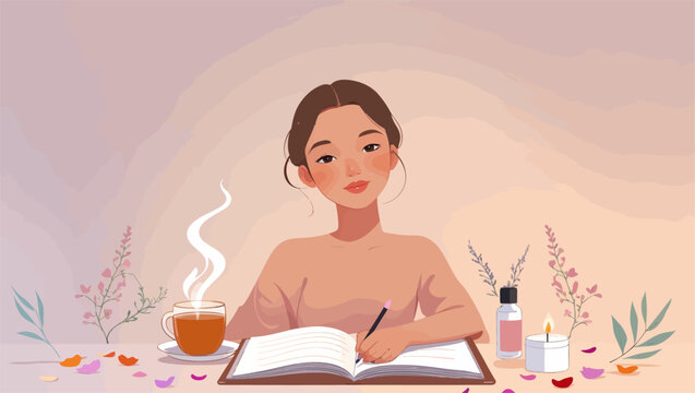 A flat vector illustration of a young woman with a bun hairstyle relaxing, drinking tea, and reading a book surrounded by flowers and candles.