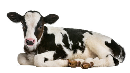 Black and white Holstein Friesian calf lying down, isolated on transparent background © Mira