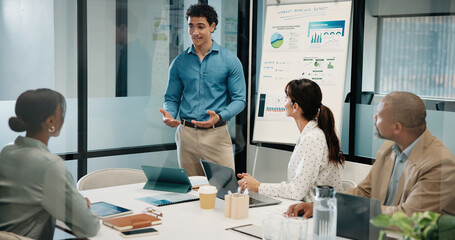 Man, presentation and charts with feedback for team at office meeting, board and explain at finance company. Person, speaker and group with graphs, review and collaboration at investment agency