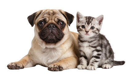 Cute pug dog and tabby kitten sitting together, isolated on transparent background © Mira