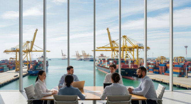 A diverse group of professionals collaborates in a modern conference room with a view of shipping containers and cranes outside.