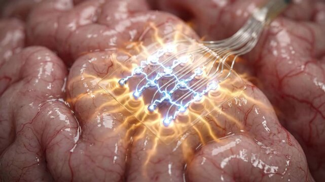 Neural Electrode Implant Firing Bioelectric Signals Into Brain Cortex Tissue &mdash; Medical Visualization