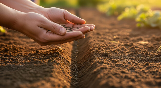 A close-up of hands gently releasing soil into a furrowed garden bed, capturing the essence of nurturing and growth.
