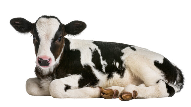 Black and white Holstein Friesian calf lying down, isolated on transparent background
